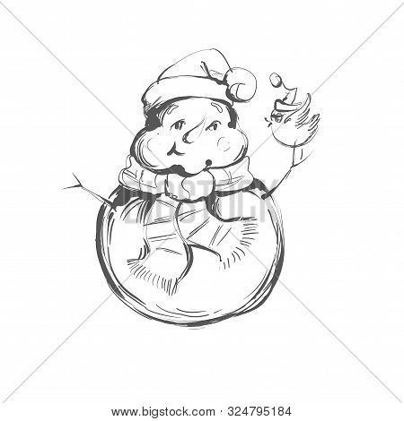 Black And White Coloring Page Outline Of A Snowman Holding Little Bird