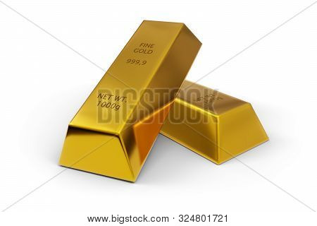 Two Shiny Gold Ingots Or Bars Over White Background - Precious Metal Or Money Investment Concept, 3d
