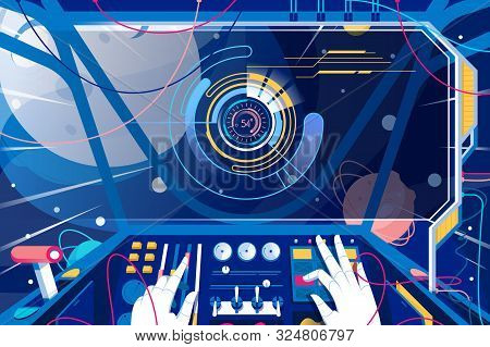 First Person Spaceman In Spaceship With Control Panel In Space. Concept Cosmonaut Character In Futur