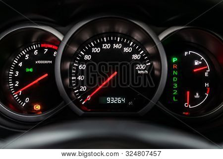Novosibirsk, Russia - September 07, 2019:  Suzuki Grand Vitara,close Up Instrument Automobile Panel 