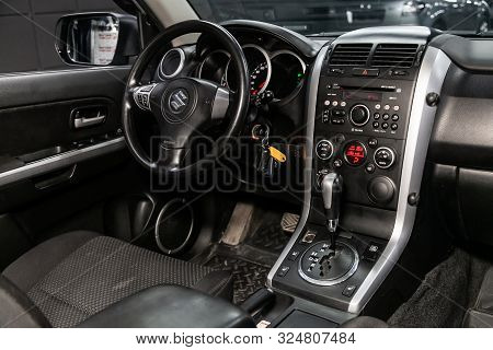 Novosibirsk, Russia - September 07, 2019:  Suzuki Grand Vitara, Black Luxury Car Interior - Steering