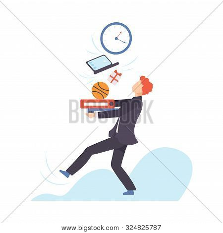 Man In A Suit Carries A Large Stack Of Different Objects. Vector Illustration.