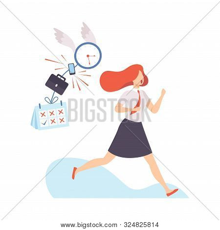 Woman In A Blouse And A Skirt Runs Away From A Flying Clock. The Clock Whistles From Above. Vector I