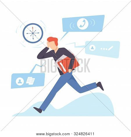 Man Runs With A Folder And Clings To His Head. Vector Illustration.