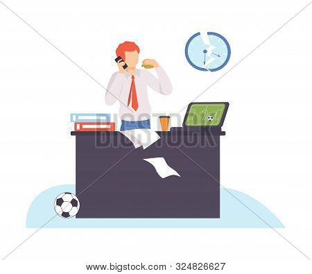 Man Stands Near The Table And Talks On The Phone. Vector Illustration.