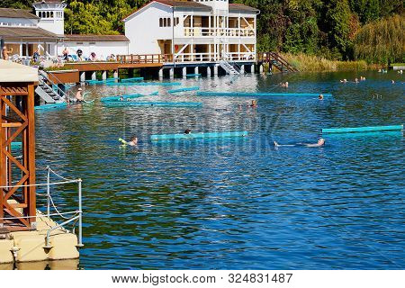 Heviz, Hungary - September 27, 2018: Balneological Therapeutic Lake Heviz In Hungary With Warm Water