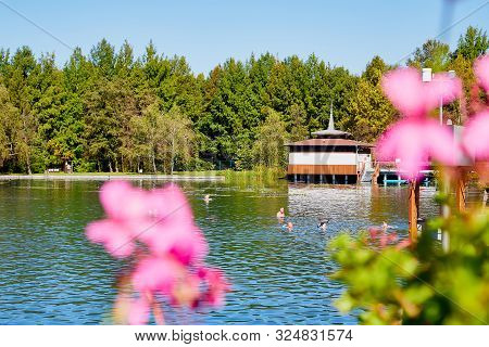 Heviz, Hungary - September 27, 2018: Balneological Therapeutic Lake Heviz In Hungary With Warm Water