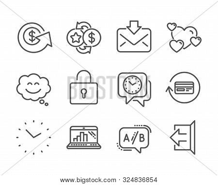 Set Of Technology Icons, Such As Loyalty Points, Sign Out, Dollar Exchange, Smile Chat, Graph Laptop