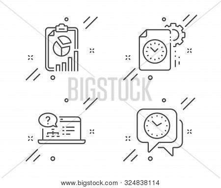 Online Help, Report And Project Deadline Line Icons Set. Clock Sign. Web Support, Presentation Chart
