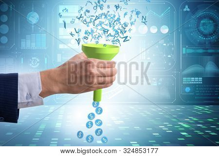Data monetization concept with funnel and businessman