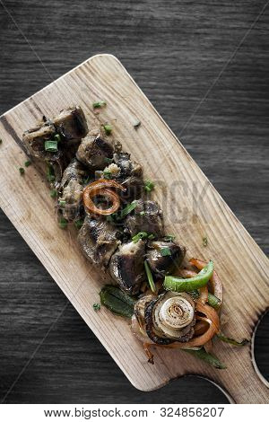 Grilled Fresh Sausage Starter Tapas Snack Set On Rustic Wood Board