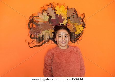 Fall Season. Shampoo Concept. Haircare Tips Add To Fall Routine. Little Girl Gorgeous Long Hair And 