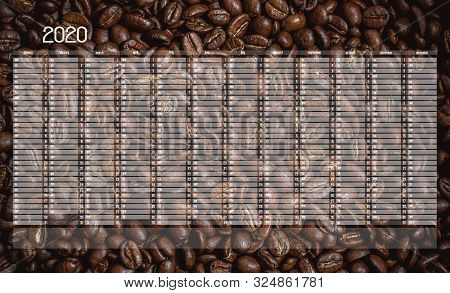 Yearly Wall Calendar Planner Template For Year 2020. Background With Splited Coffe Beans.