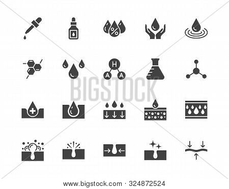 Skin Care Flat Glyph Icons Set. Hyaluronic Acid Drop, Serum, Anti Ageing Compound Retinol, Pore Tigh