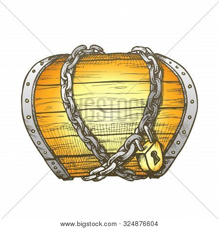 Treasure Chest Chain Shrouded Color Vector. Antique Closed Wooden Chest Crate With Padlock. Hidden W