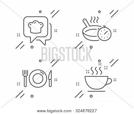 Frying Pan, Cooking Hat And Food Line Icons Set. Coffee Cup Sign. Cooking Timer, Chef, Restaurant. H