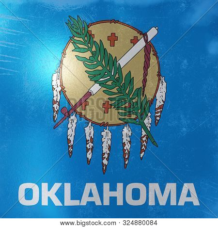 3d Rendering Of A Rusty And Old Oklahoma State Flag On A Metallic Surface.