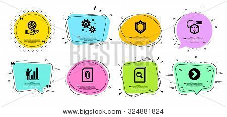 Safe Planet, Attachment And Work Line Icons Set. Chat Bubbles With Quotes. Forward, Augmented Realit
