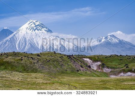 View On Kamen Volcano, Active Klyuchevskoy Volcano And Active Bezymianny Volcano.