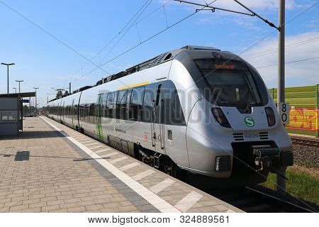 Leipzig, Germany - May 9, 2018: Electric Public Transportation Train Of S-bahn Mitteldeutschland. Th
