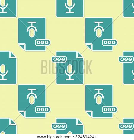 Green Ogg File Document. Download Ogg Button Icon Isolated Seamless Pattern On Yellow Background. Og