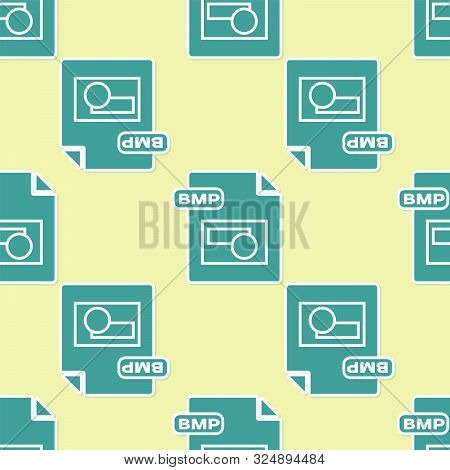 Green Bmp File Document. Download Bmp Button Icon Isolated Seamless Pattern On Yellow Background. Bm