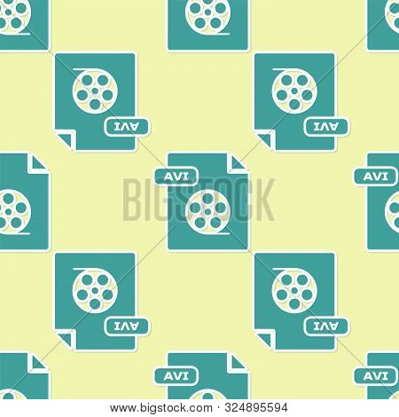 Green Avi File Document. Download Avi Button Icon Isolated Seamless Pattern On Yellow Background. Av