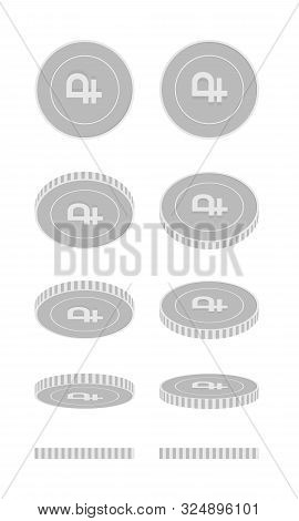 Russian Ruble Rotating Coins Set, Animation Ready. Black And White Rub Silver Coins Rotation. Russia