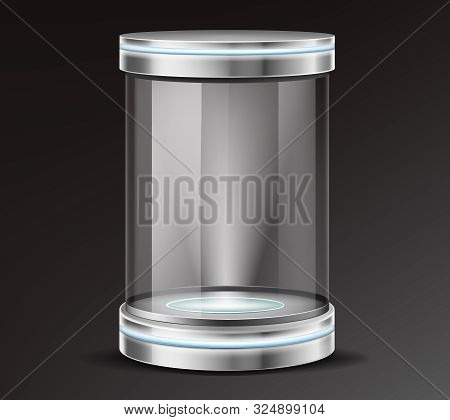 Empty Glass Cylinder Capsule, Transparent Round Showcase With Neon Illumination In Metal Base, Lid. 