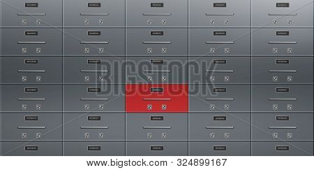 Individual Deposit Safe Boxes Wall With Number Plates, Tandem Keyholes On Steel Doors Illustration. 