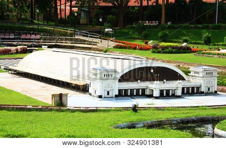 Bangkok Railway Station And Railroad To The Bridge. Mini Siam Park In Pattaya City, Thailand In 10Th