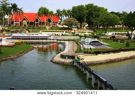 Bangkok Railway Station And Railroad To The Bridge. Mini Siam Park In Pattaya City, Thailand In 10Th