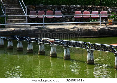 Bangkok Railway Station And Railroad To The Bridge. Mini Siam Park In Pattaya City, Thailand In 10Th