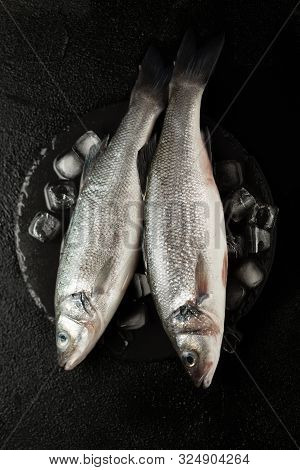 Fresh Labrax On Ice, Raw Sea Fish. Protein And Omega 3.