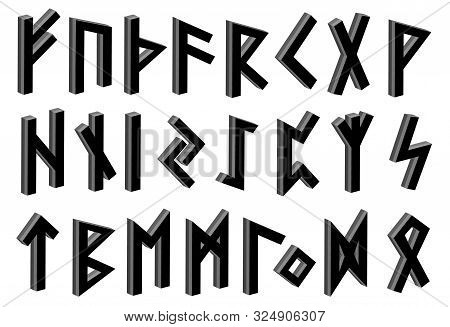 Set Of Old Norse Runes. 3d Black Runic Alphabet, Futhark. Ancient Occult Viking Characters Letters O