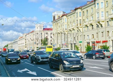 Minsk, Belarus - July 17, 2019: Traffic On A Central Independense Avenue. Independence Avenue  Is Th