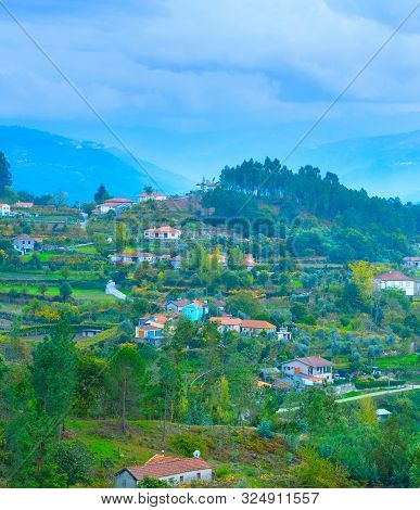 View Of Douro River Valley Villages In Rainy Weather. Portugal