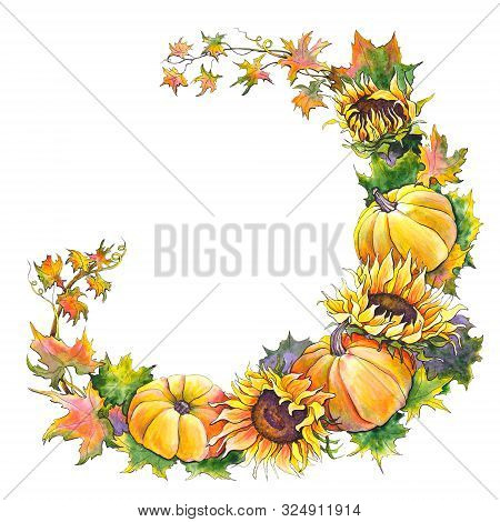 Autumn Wreath Witn Pumpkins, Sunflowers And Leaves. Watercolor Illustration On White Background.