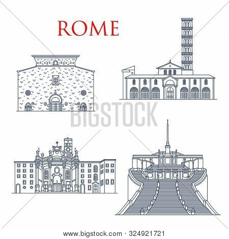 Rome Travel Landmarks, Italian Architecture And Famous Sightseeing Symbols. Vector Church Of Santa M