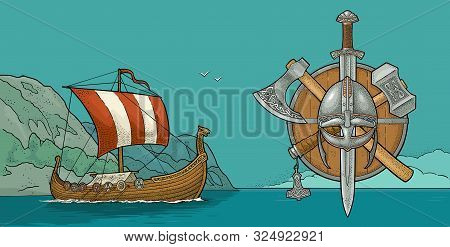Drakkar Floating On The Fjord In Norway. Vintage Color Engraving