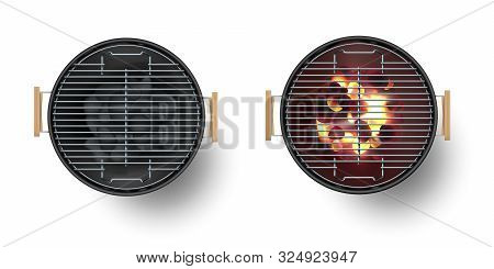 Round Empty Barbecue Grill Top View Vector Set. Unlit Grill With Charcoal And Another With Burning C