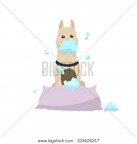 Funny Dog Tears A Pillow To Shreds. Vector Flat Illustration.