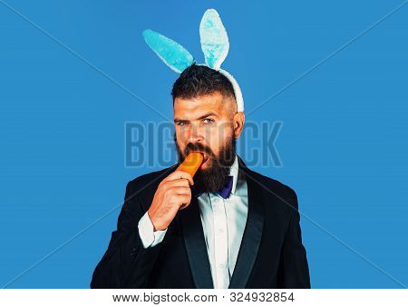 Easter Bunny Man Nibbles A Carrot Like A Hare. Healthy Man On Holiday. Easter Copy Space. Happy East