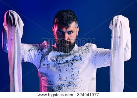Holiday Halloween With Funny Carnival Costumes - Straitjacket. Insane Mad In Straitjacket On Blue Ba