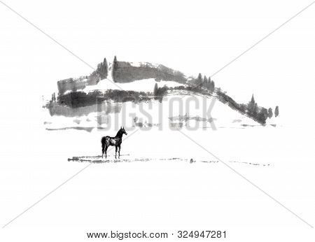 Horse And Distant Hills Japanese Style Original Sumi-e Ink Painting.
