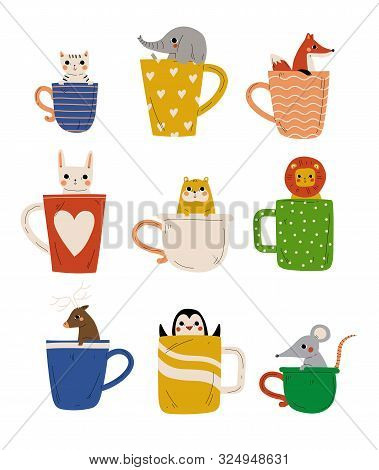 Collection Of Cute Animals In Teacups, Adorable Little Kitten, Elephant, Fox, Bunny, Hamster, Lion, 