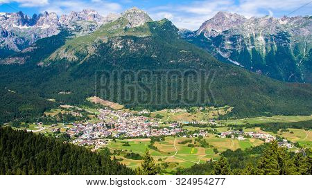Aerial View Of Andalo, Turistic Town In The Dolomites, Trentino, Italy