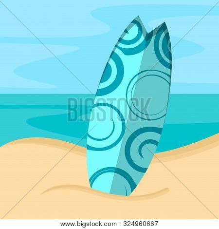 Surfboard On A Sea Landscape. Vactions Time - Vector Illustration