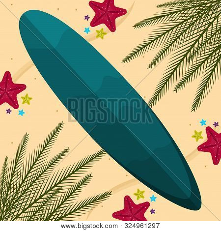 Surfboard On A Sea Landscape. Vactions Time - Vector Illustration