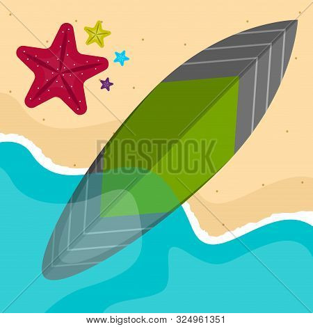Surfboard On A Sea Landscape. Vactions Time - Vector Illustration